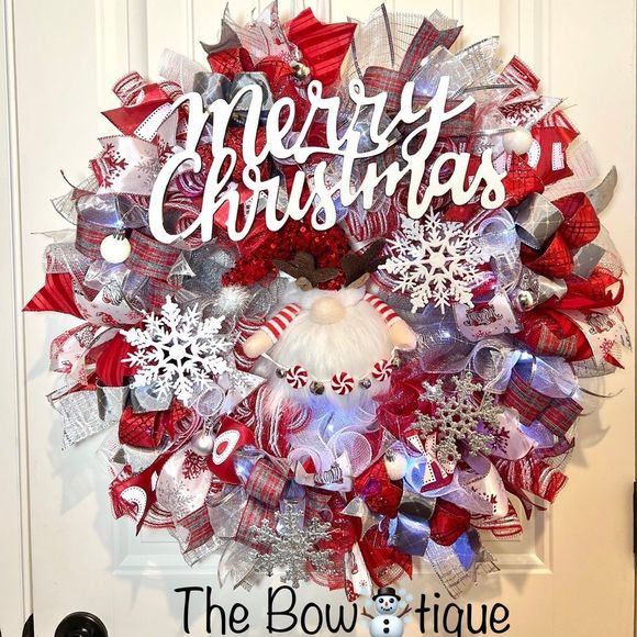 Handmade Christmas Reindeer Gnome Holiday Ribbon Door Wreath 26 ins LED XLW4 - Picture 1 of 11